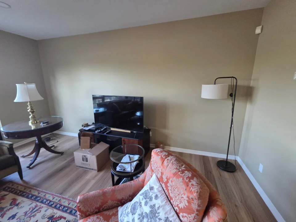 After: warm neutral living room wall behind the television and floor lamp
