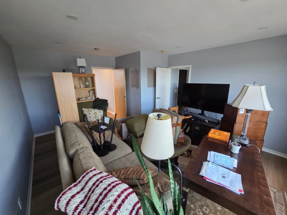 Before: grey living room walls behind a sofa and television